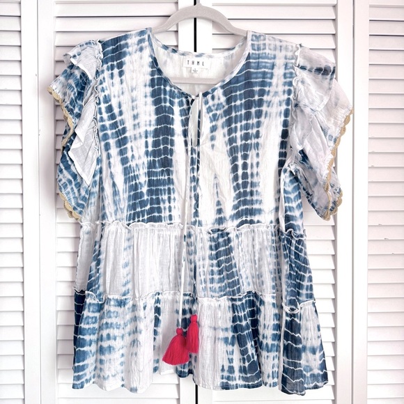 THML Tie Dye Crochet Trim Tunic Top Blue White Festival Boho Size Large - Picture 5 of 7